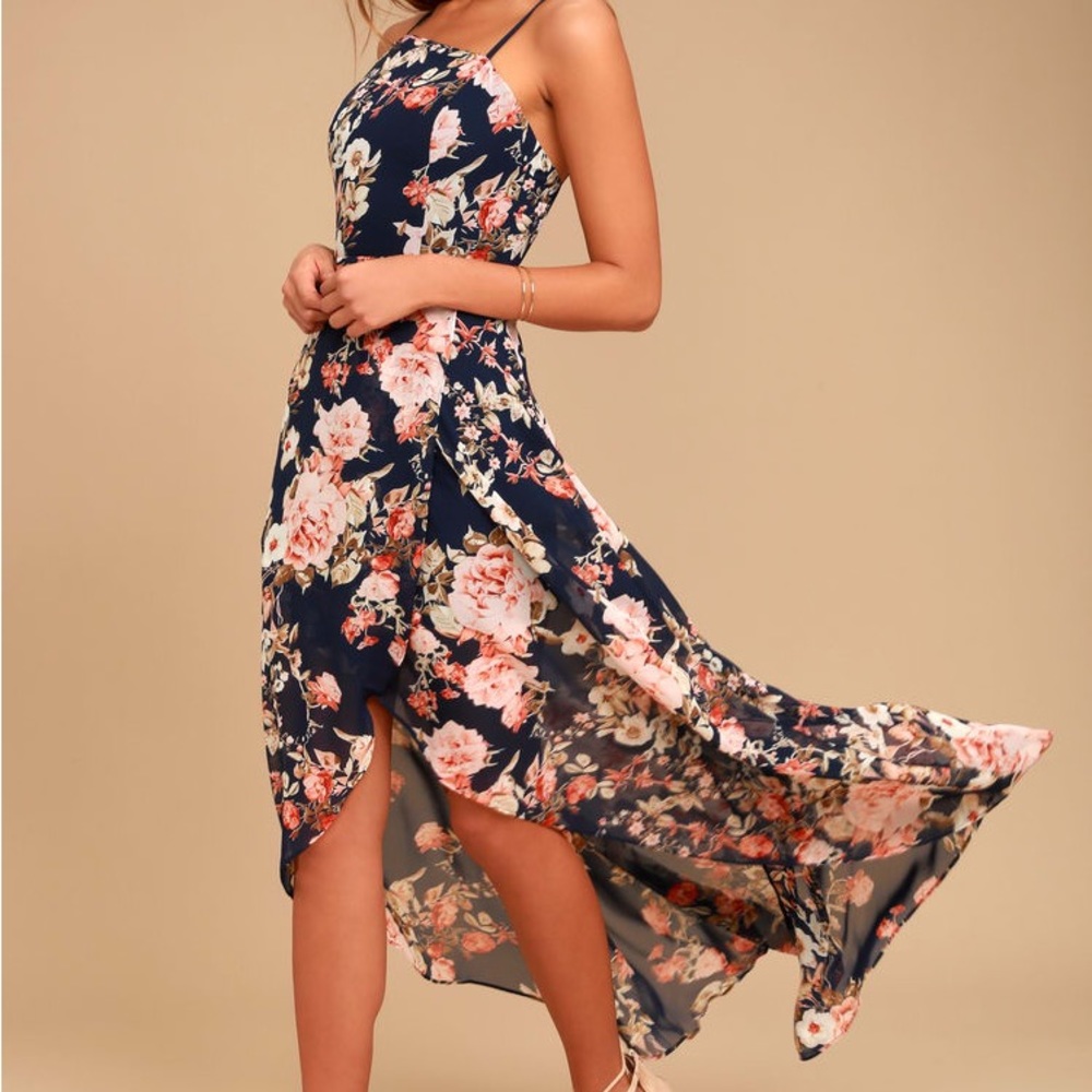 Reflection Navy Blue Floral Print High-low Dress